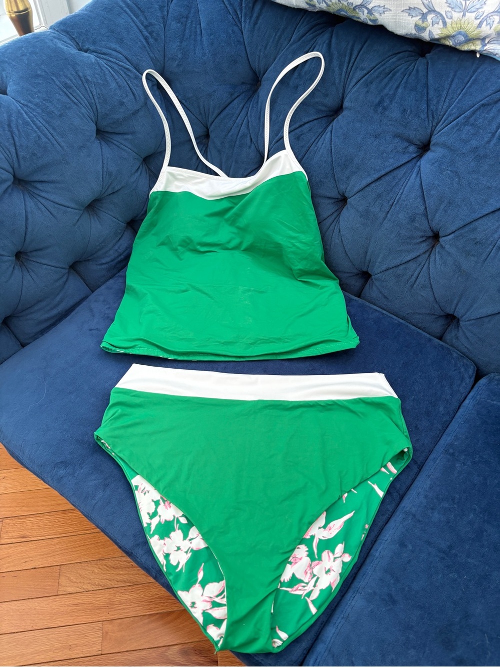 Lands' End Reversible Green Tankini Set with White Trim and Pink Floral Accents